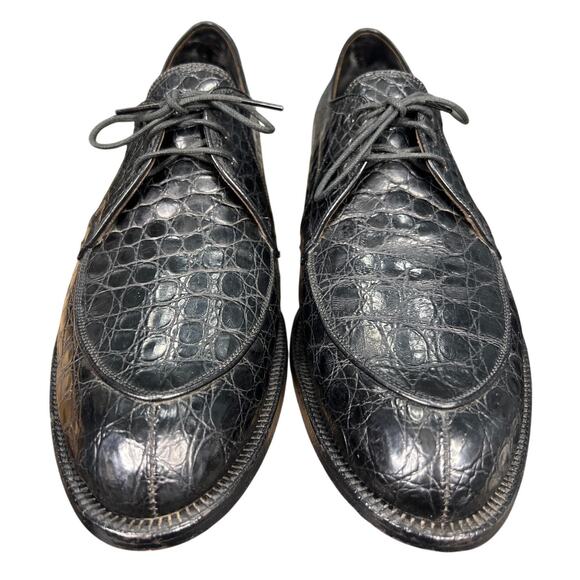Vintage French Shriner Black Alligator Narrow Split Toe Derby Shoes Size 11.5